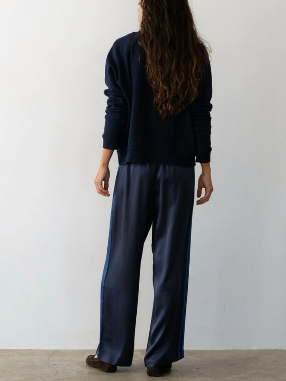 DONNI. THE SILK STRIPE SIMPLE PANT Navy Sz S - Picture 4 of 6